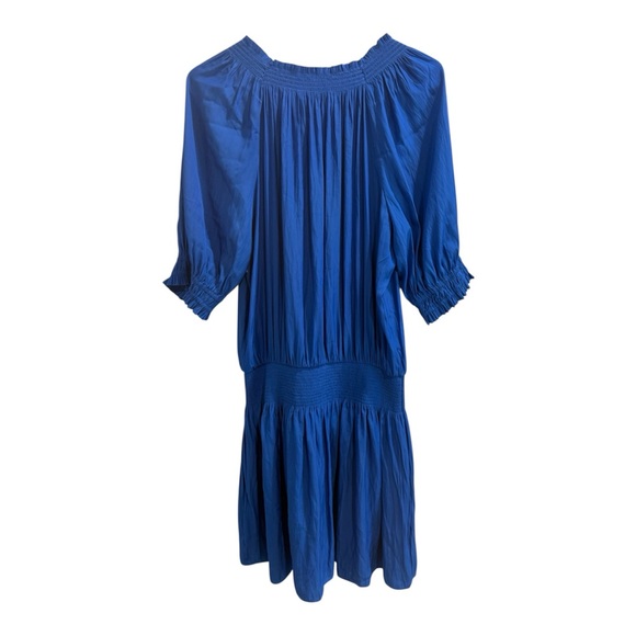 Ramy Brook Pierre Smocked Waist Elbow Sleeve Mosaic Blue Mini Dress, size m, NWT - Picture 5 of 12